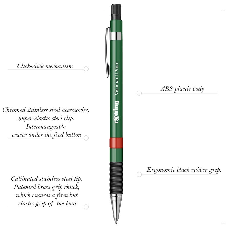 Rotring Visumax 07mm Mechanical Lead Pencil Lightweight ABS Plastic Dark Green Body Eraser Included at Top - Image 2