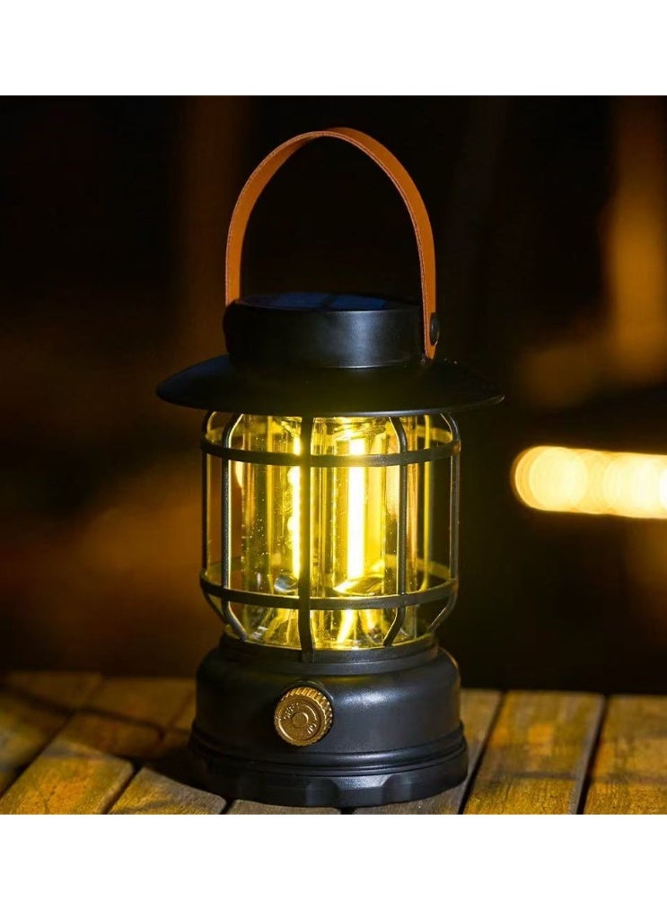 Camp Lantern，Vintage Style， Rechargeable & Solar-Powered, Black - Image 1