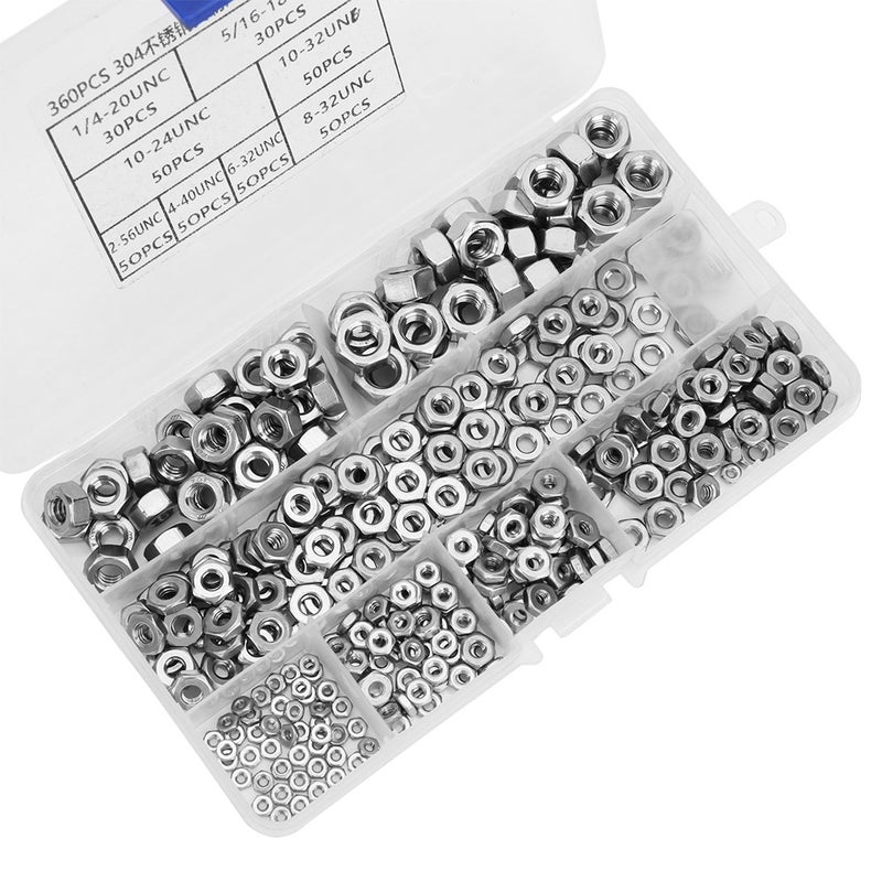 360pcs Stainless Steel Hex Nuts Coarse Thread American System UNC Nuts Fasteners - Image 2