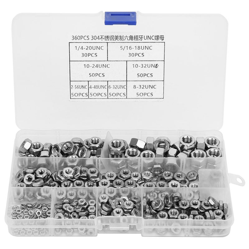 360pcs Stainless Steel Hex Nuts Coarse Thread American System UNC Nuts Fasteners - Image 1