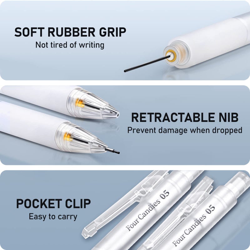 Four Candies Cute Mechanical Pencil Set with Case - 3PCS Pencils 0.5mm with 180PCS HB Lead Refills, 3PCS Erasers, 9PCS Eraser Refills, White Clear Mechanical Pencil for Students Drawing, Writing - Image 5