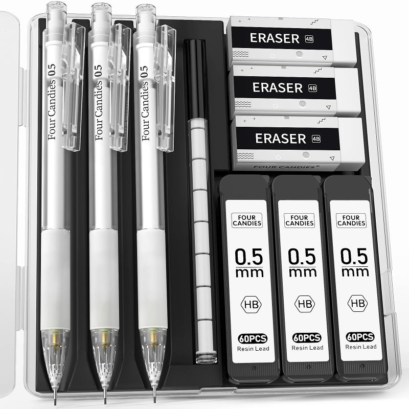 Four Candies Cute Mechanical Pencil Set with Case - 3PCS Pencils 0.5mm with 180PCS HB Lead Refills, 3PCS Erasers, 9PCS Eraser Refills, White Clear Mechanical Pencil for Students Drawing, Writing - Image 1
