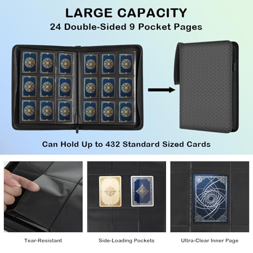 CARDARCHIVER Card Binder 9 Pocket - 432 Cards, Premium Durable & Rigid PU Leather, 24 Page Zippered Side-Loading for Baseball, TCG, Trading & Sports Cards (Professional Black) - Image 5