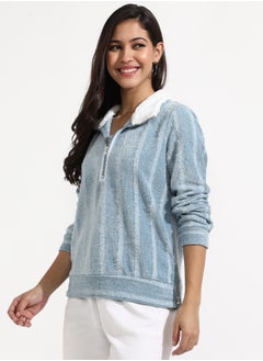 Campus Sutra Women's Iceberg Blue Textured Self-Design Striped Sweatshirt  - Image 3