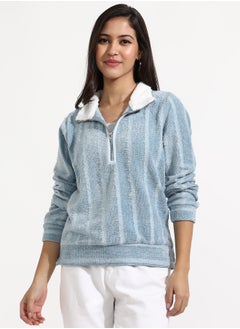 Campus Sutra Women's Iceberg Blue Textured Self-Design Striped Sweatshirt  - Image 2