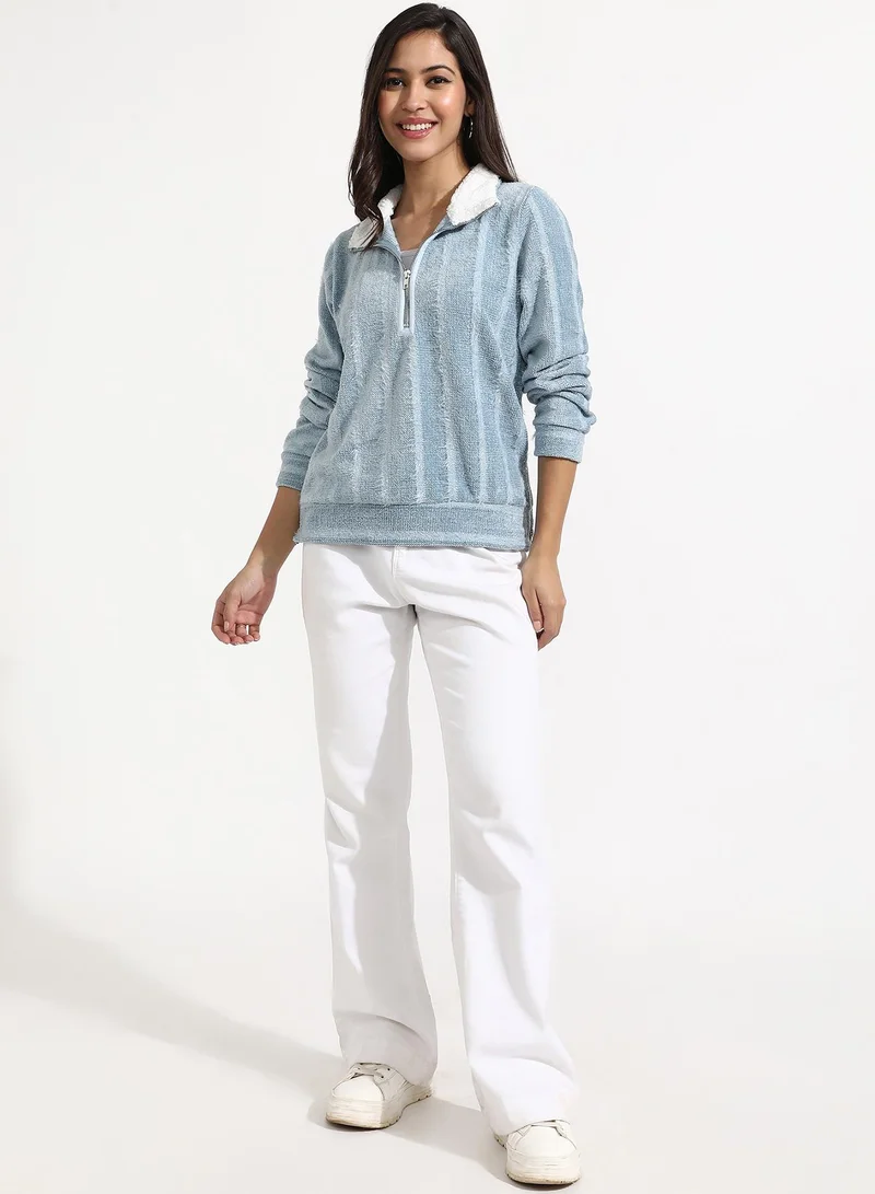 كامبوس سوترا Women's Iceberg Blue Textured Self-Design Striped Sweatshirt