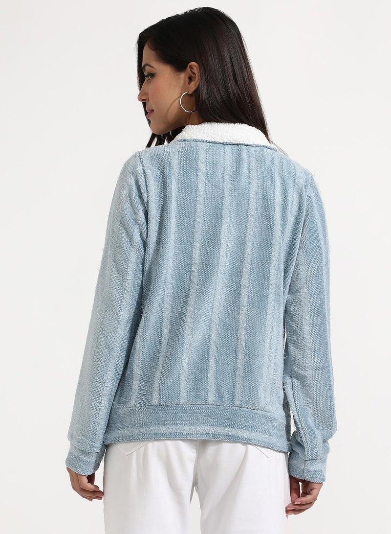 Campus Sutra Women's Iceberg Blue Textured Self-Design Striped Sweatshirt  - Image 5