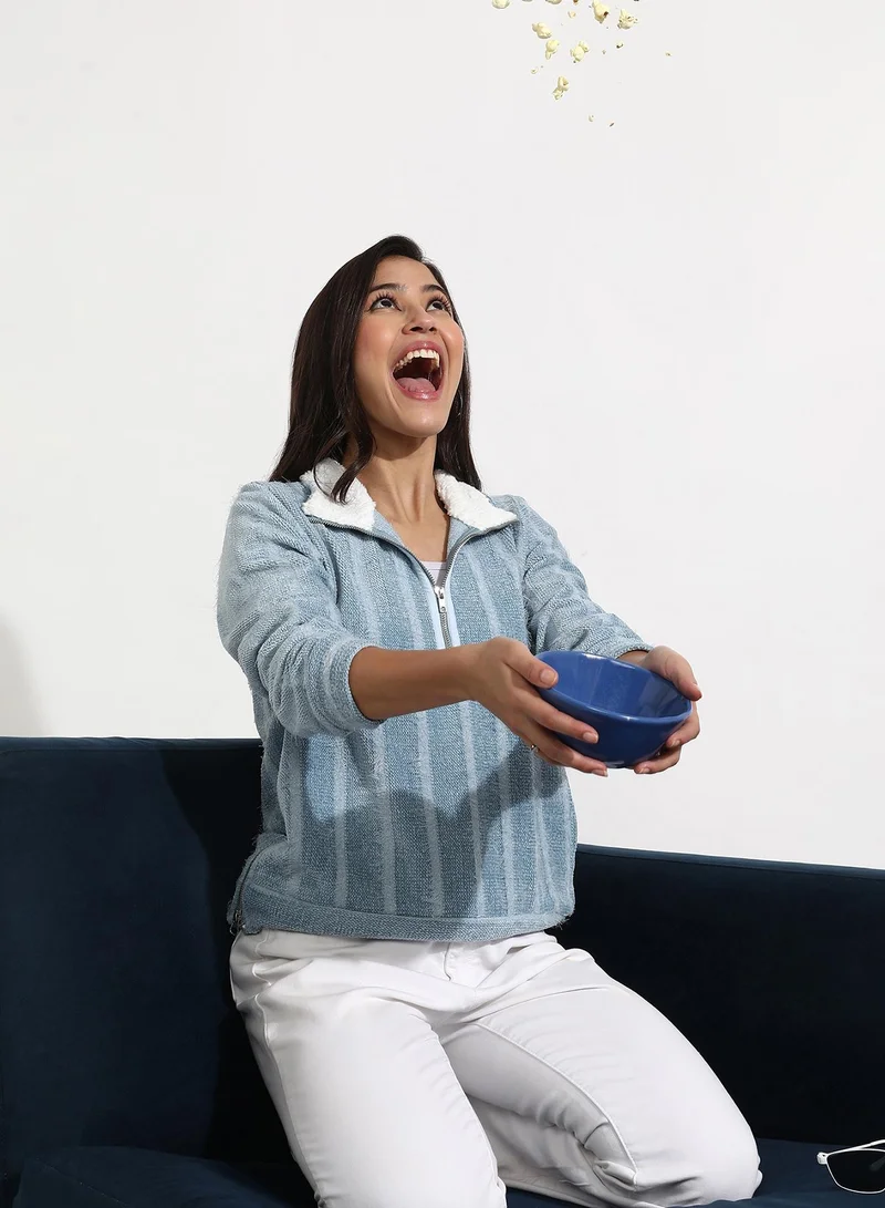كامبوس سوترا Women's Iceberg Blue Textured Self-Design Striped Sweatshirt