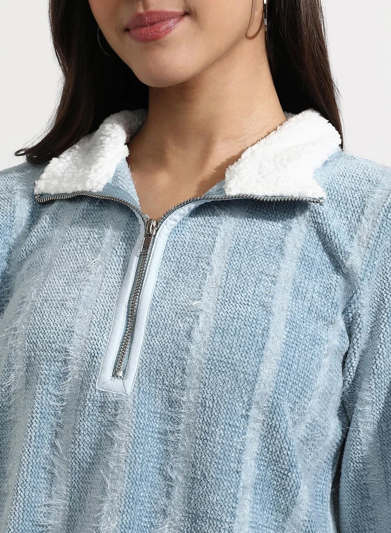 كامبوس سوترا Women's Iceberg Blue Textured Self-Design Striped Sweatshirt