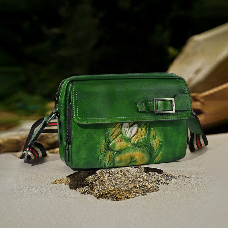 2024 Original New Chinese Style Embossed Rabbit Head Layer Cowhide Hand-Rubbed Color Crossbody Bag - Image 3