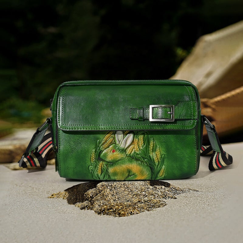 2024 Original New Chinese Style Embossed Rabbit Head Layer Cowhide Hand-Rubbed Color Crossbody Bag - Image 2