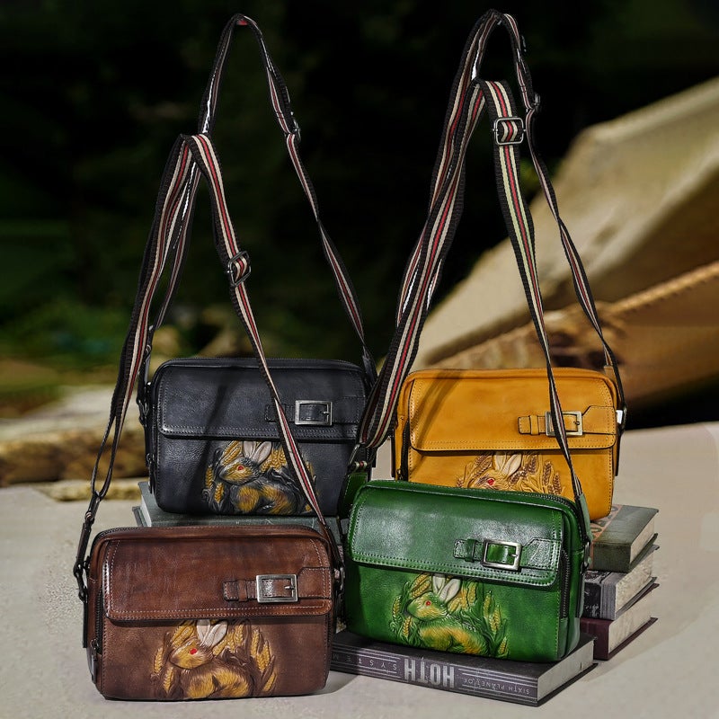 2024 Original New Chinese Style Embossed Rabbit Head Layer Cowhide Hand-Rubbed Color Crossbody Bag - Image 5