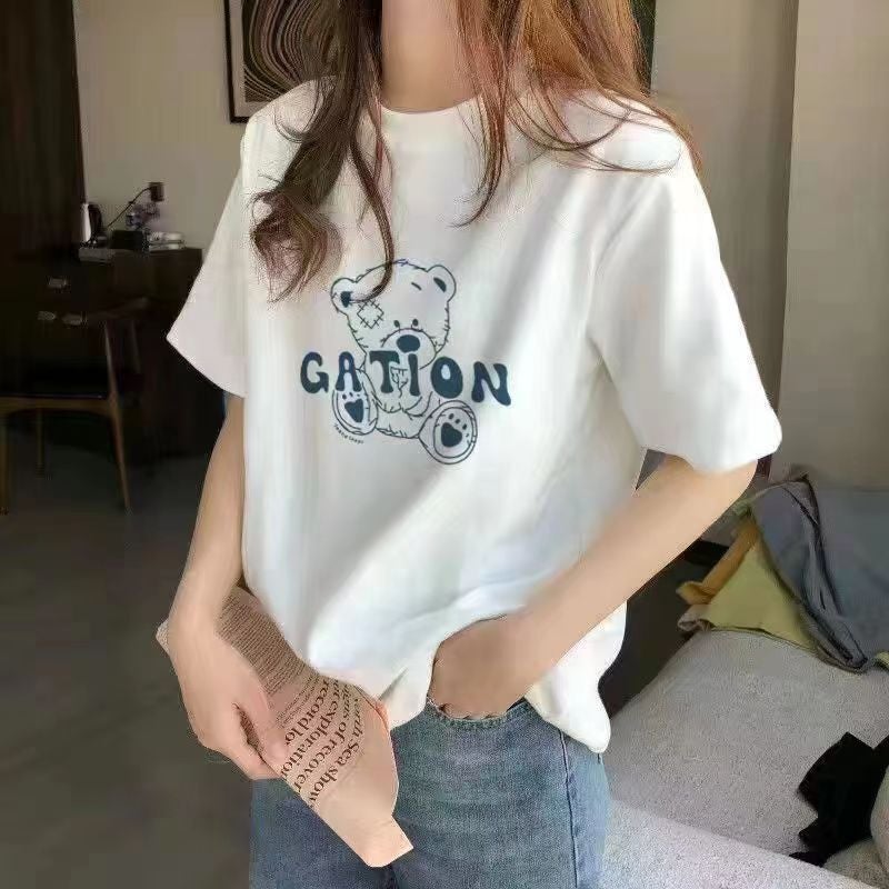 تي شيرت صيفي أبيض جديد للنساء بأسلوب كوري بأكمام قصيرة، تي شيرت كاجوال فضفاض بحجم زائد للطالبات مزين بطبعة كرتونية 1057 أبيض - Image 5