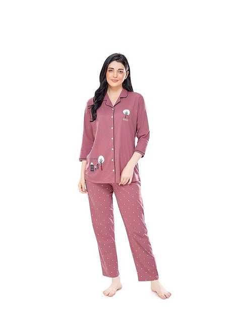 Women's Cotton Dot Printed Pajama Set Night Suit Set Of Shirt & Pyjama