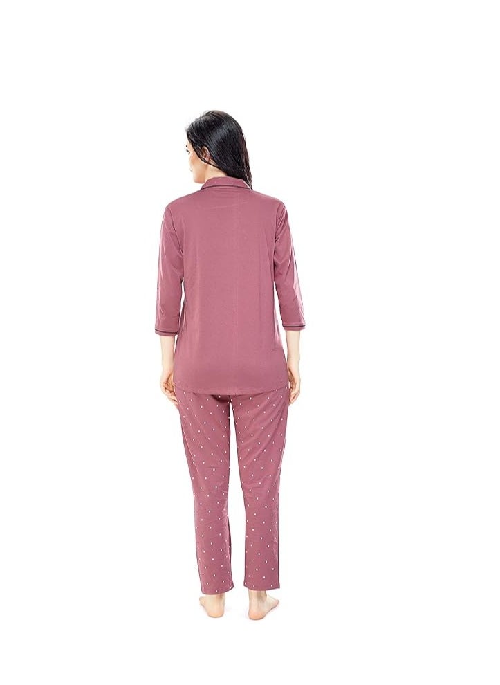 Women's Cotton Dot Printed Pajama Set Night Suit Set Of Shirt & Pyjama