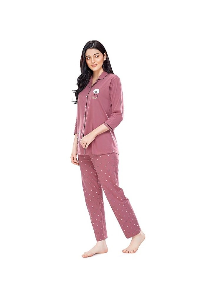 Women's Cotton Dot Printed Pajama Set Night Suit Set Of Shirt & Pyjama