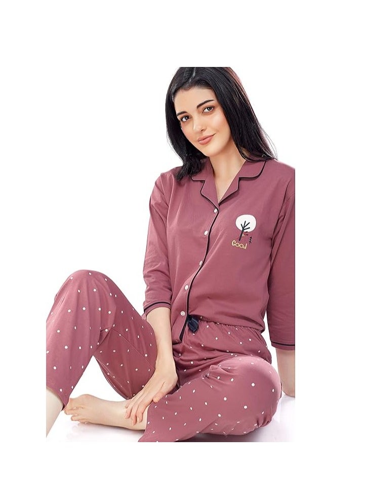 Women's Cotton Dot Printed Pajama Set Night Suit Set Of Shirt & Pyjama