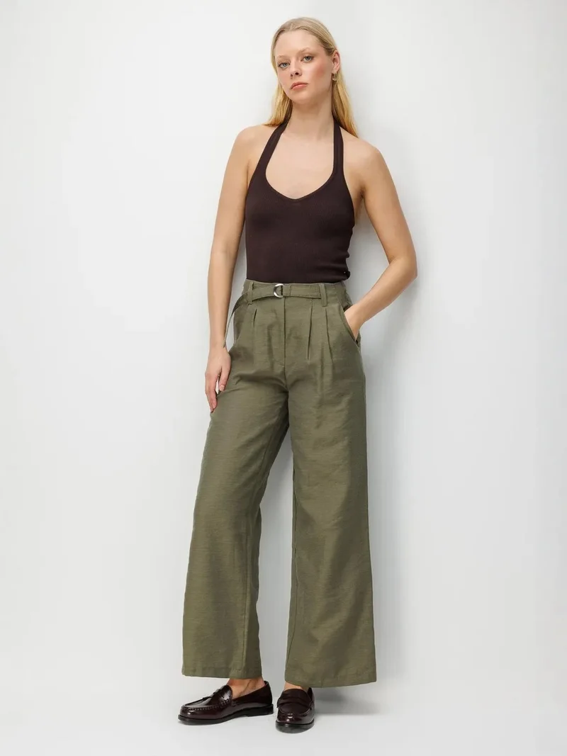 ميكسراي MIXRAY High Waist Textured Wide Leg Belted Pants