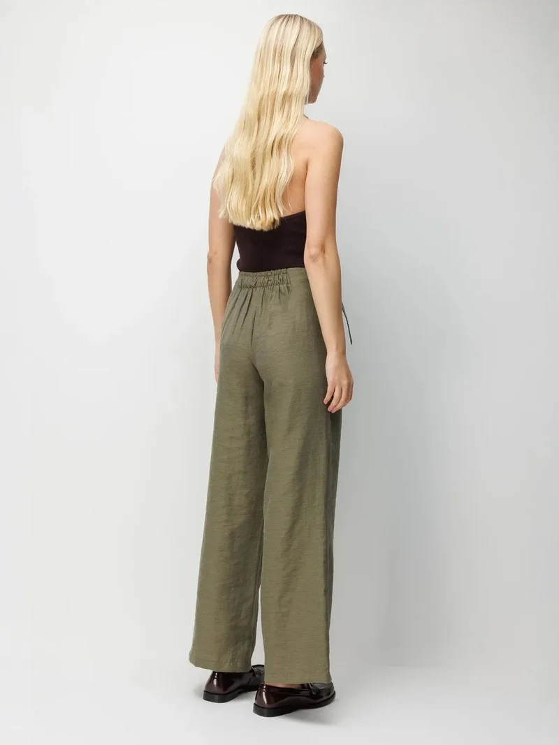 MixRay Khaki Green MIXRAY High Waist Textured Wide Leg Belted Pants for Women | Best Price UAE