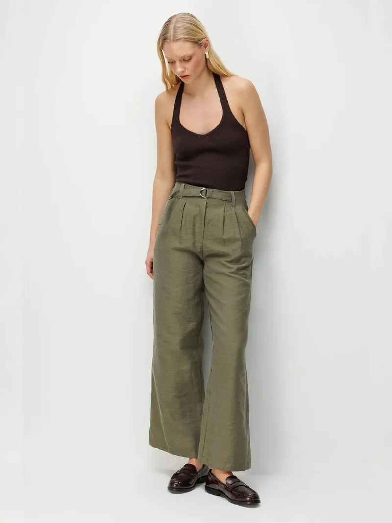 MixRay Khaki Green MIXRAY High Waist Textured Wide Leg Belted Pants for Women | Best Price UAE
