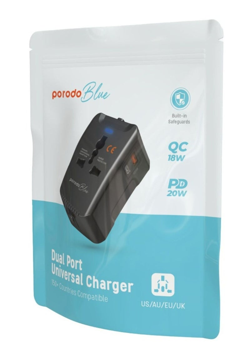 porodo Blue Dual Port 20W Power Delivery and 18W Quick Charge Universal Wall Charger with US/AU/EU/UK Plugs, Built-in Safeguards - Black - Image 2