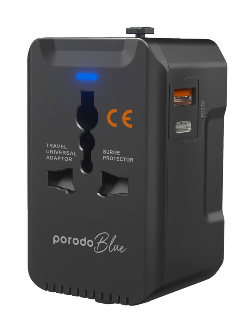 porodo Blue Dual Port 20W Power Delivery and 18W Quick Charge Universal Wall Charger with US/AU/EU/UK Plugs, Built-in Safeguards - Black - Image 1