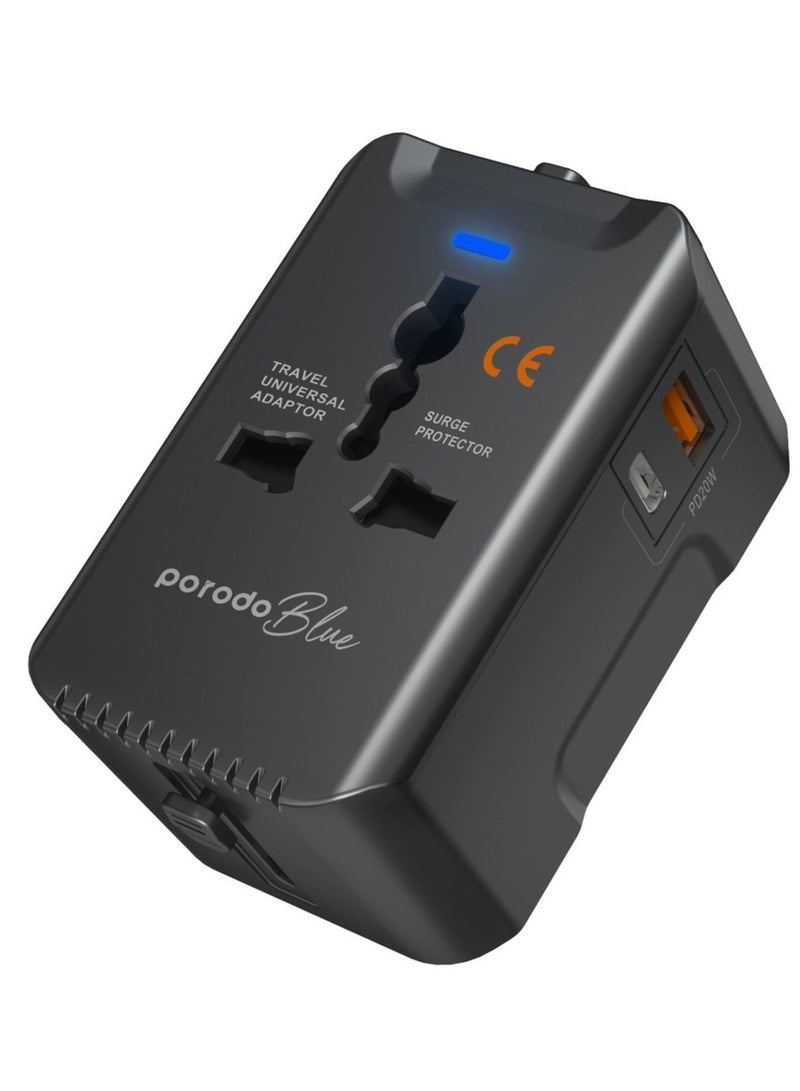 porodo Blue Dual Port 20W Power Delivery and 18W Quick Charge Universal Wall Charger with US/AU/EU/UK Plugs, Built-in Safeguards - Black - Image 3