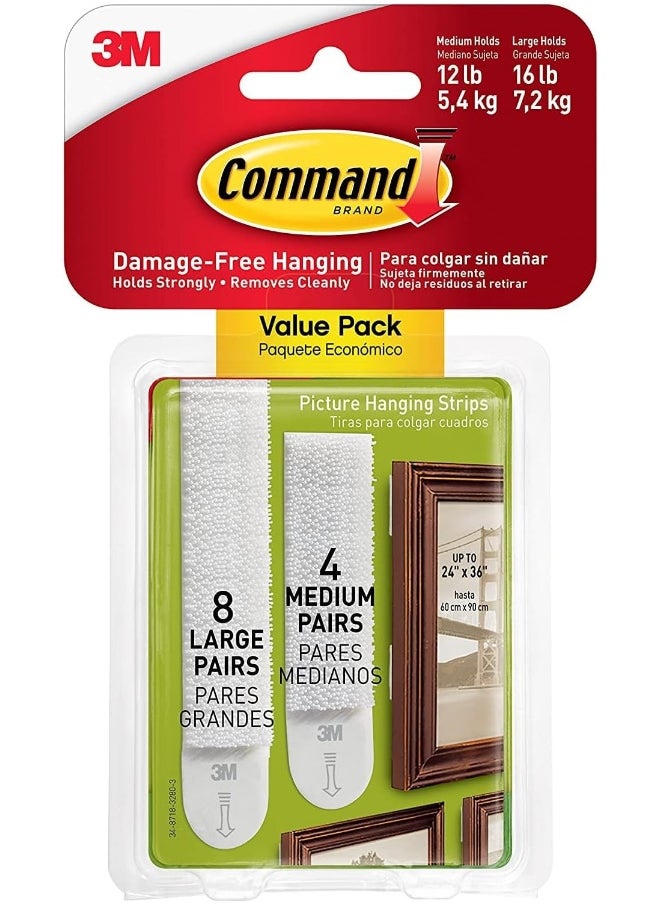 Command Command Picture Medium and Large Hanging Strips (8M + 4L) White color, 12 pairs/pack  - Image 1
