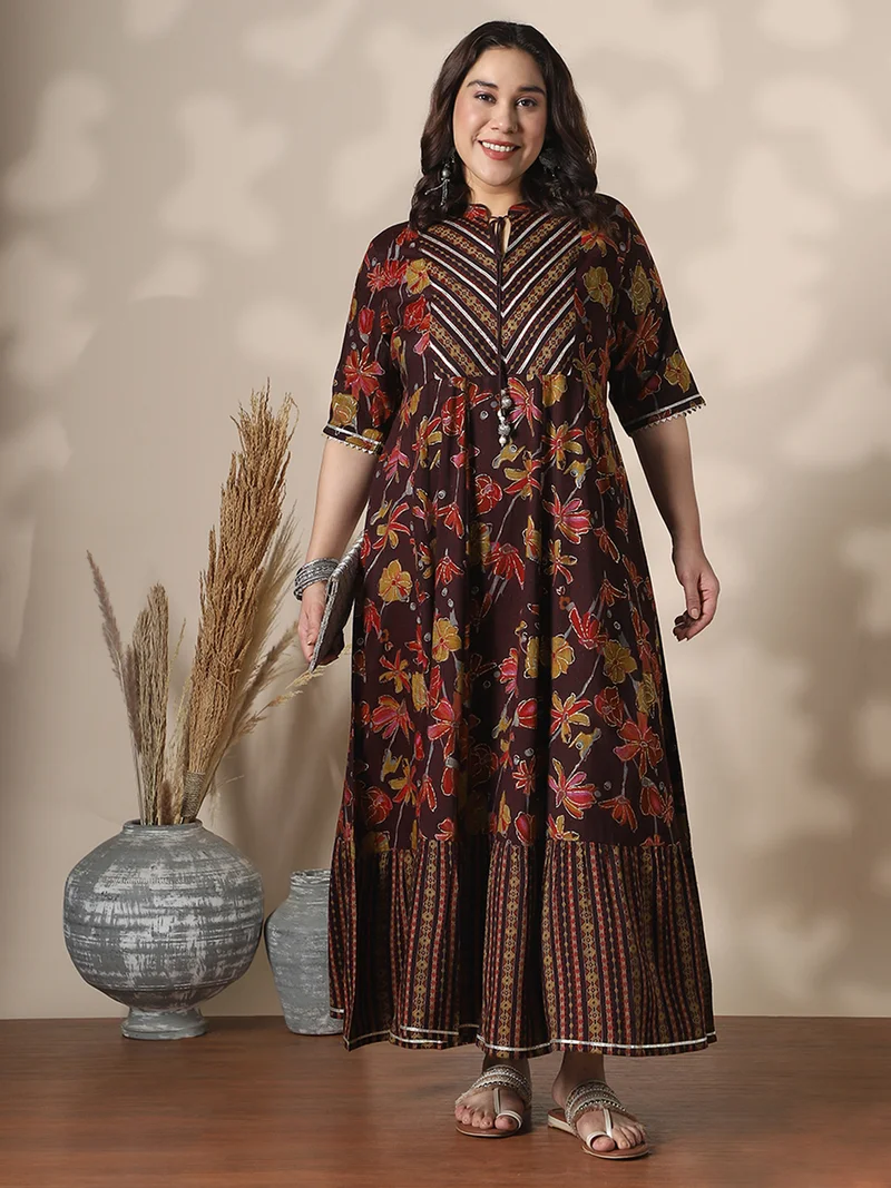 Globus Gloplus Women Wine Mandarin Collar Floral Foil Print Gotta Patti Tie-Up Detail Maxi Plus Size A-Line Dress