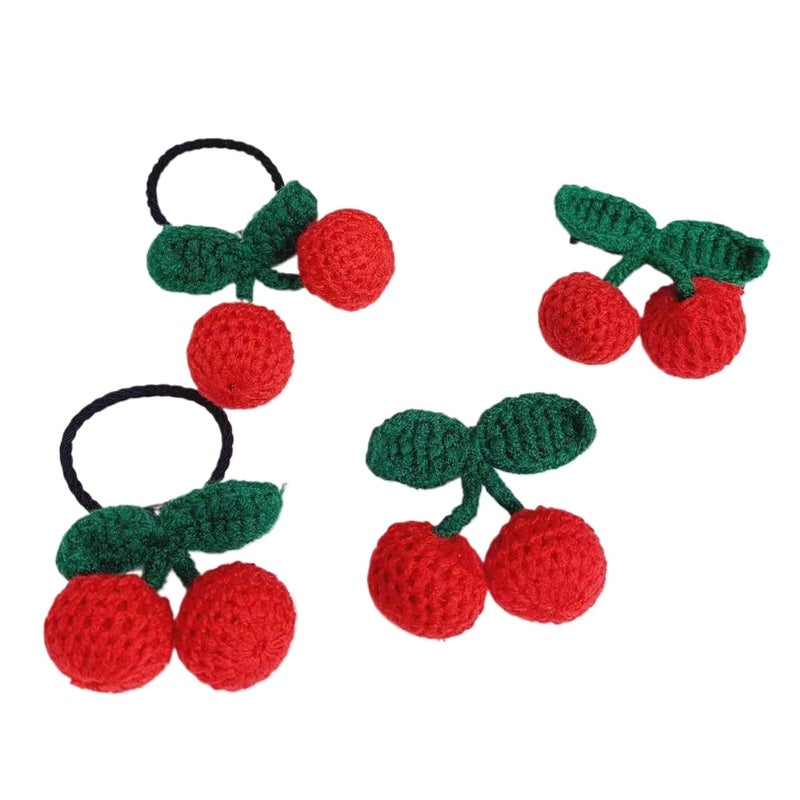4Pcs Girls Cherry Hair Clips Hair ties Sweet Handmade Crochet Cherry Hair Barrettes Elastic Hair Tie Accessories Ponytail Holder Hair Accessories for Girls Kids Teens Red One Size