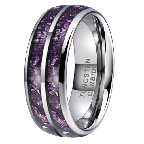 TUTISS 8mm Tungsten Rings for Men Women Purple Amethyst Inlay Fashion Engagement Promise Wedding Band Polished Comfort Fit Size 10.5 - Image 1