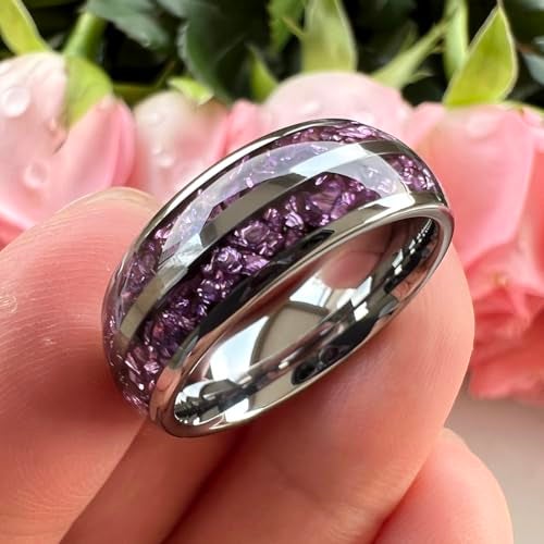 TUTISS 8mm Tungsten Rings for Men Women Purple Amethyst Inlay Fashion Engagement Promise Wedding Band Polished Comfort Fit Size 10.5 - Image 4