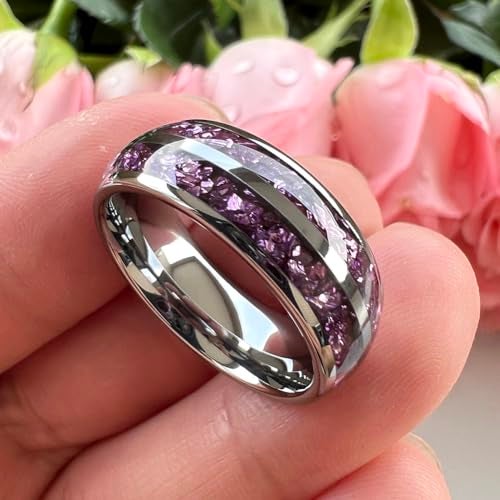TUTISS 8mm Tungsten Rings for Men Women Purple Amethyst Inlay Fashion Engagement Promise Wedding Band Polished Comfort Fit Size 10.5 - Image 2