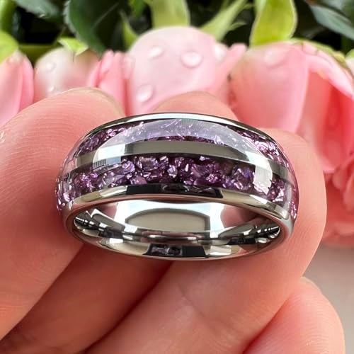 TUTISS 8mm Tungsten Rings for Men Women Purple Amethyst Inlay Fashion Engagement Promise Wedding Band Polished Comfort Fit Size 10.5 - Image 3