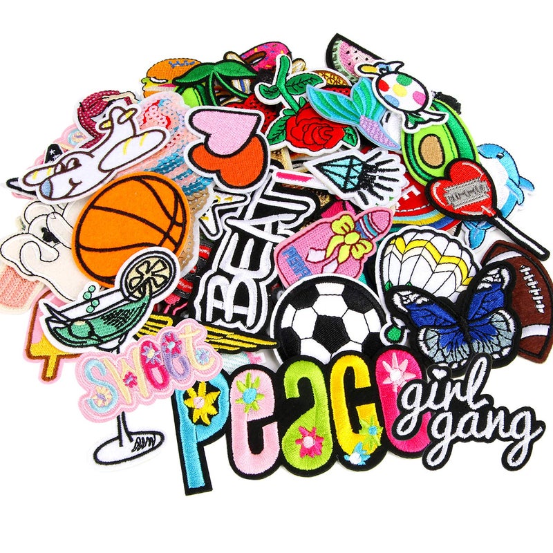 Augsun 60pcs Random Assorted Styles Embroidered Iron on Patches DIY Sew Applique Repair Patch Iron onSew on Patches for BackpacksPantsClothesJeansJacketsHat - Image 1