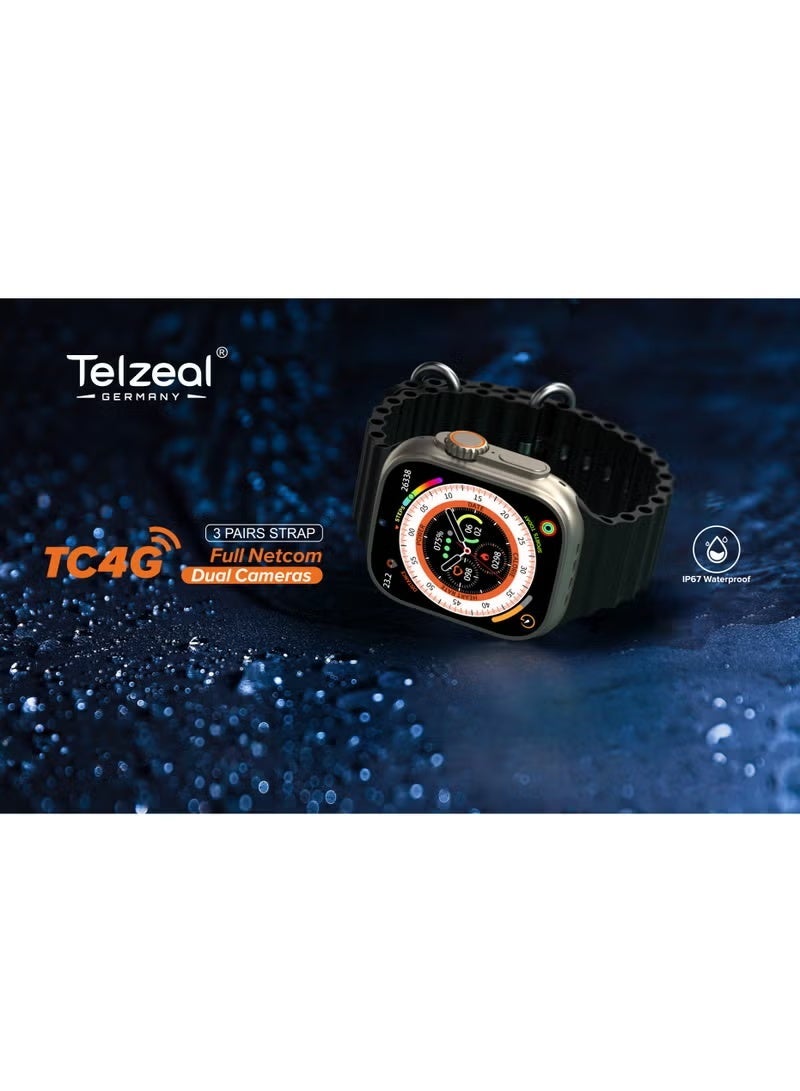 Telzeal TC4G Full Screen Smart Watch with Waterproof Design, Dual Camera, SIM Card Support, Full Netcom Connectivity, Touch Screen Smart Wearable with 3 Pair Straps & Wireless Charger – Gold - Image 4