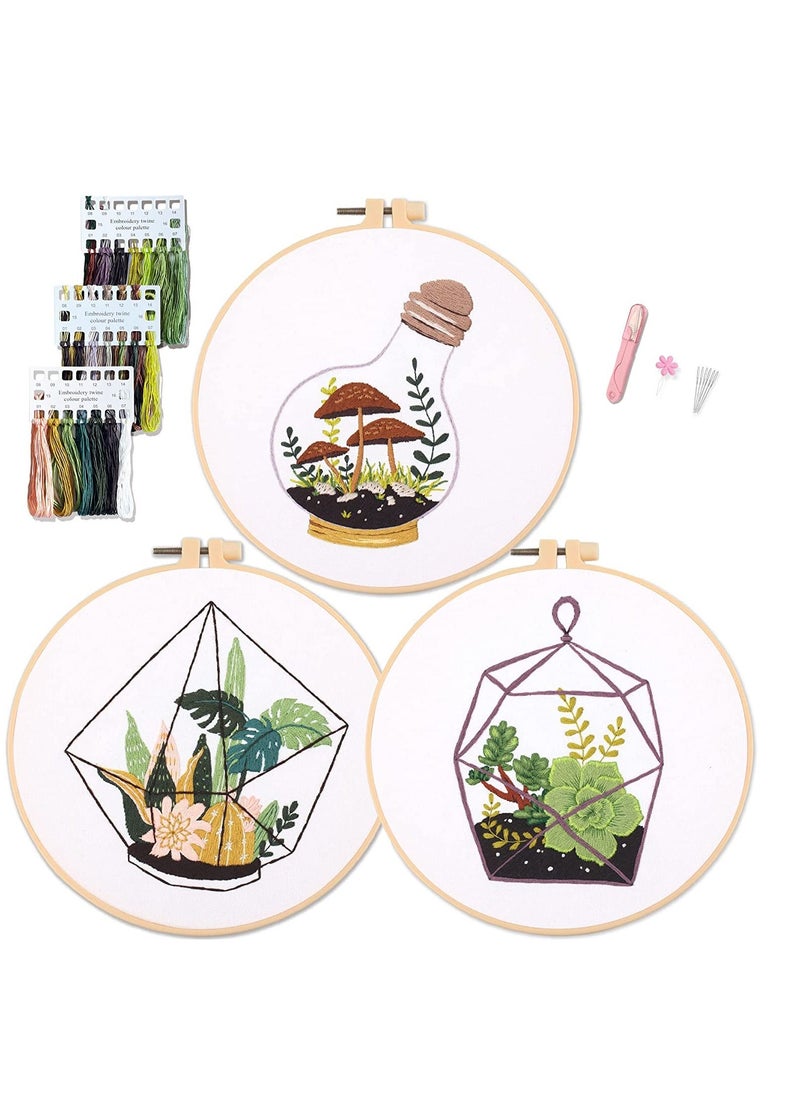 Embroidery Kit Beginner Adult Embroidery Material Pack Green Plants Succulents Pattern Collection Adult DIY Handmade Cross Stitch Embroidery Pictures Set for DIY Art Craft Sewing 3 Sets - Image 1