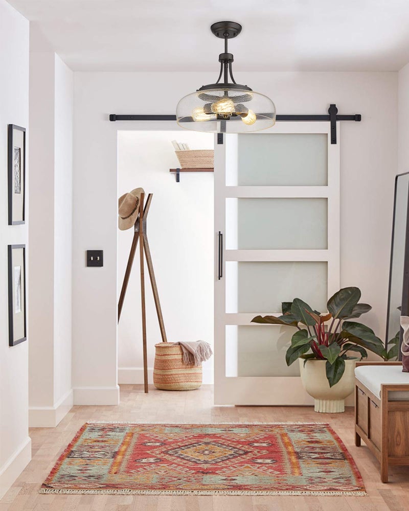 EAPUDUN Farmhouse Semi Flush Mount Ceiling Light Fixture, 3-Light Industrial Pendant Light in Oil Rubbed Bronze Finish with Clear Seeded Glass Shade, SMA1126-ORB - Image 3