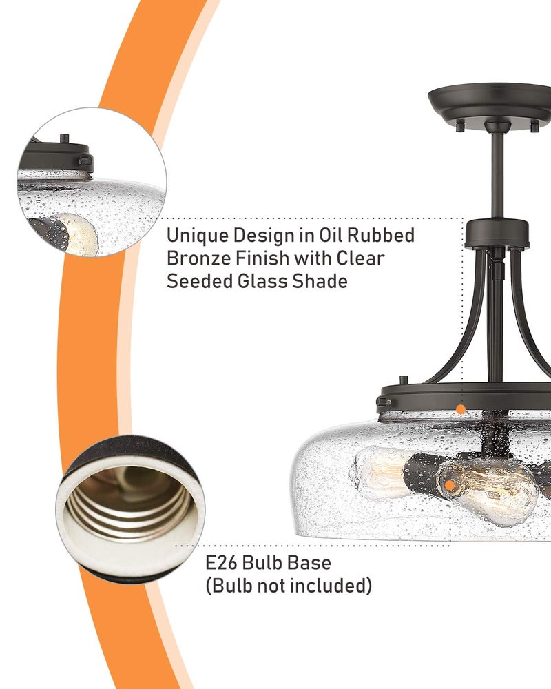 EAPUDUN Farmhouse Semi Flush Mount Ceiling Light Fixture, 3-Light Industrial Pendant Light in Oil Rubbed Bronze Finish with Clear Seeded Glass Shade, SMA1126-ORB - Image 5