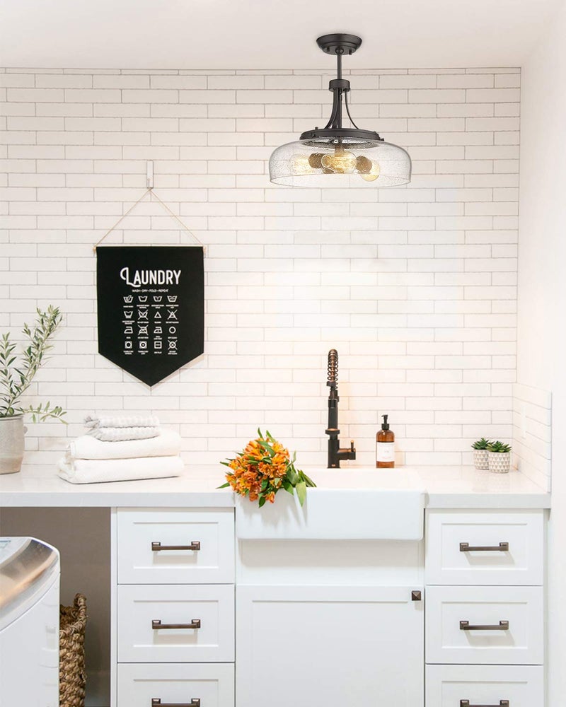 EAPUDUN Farmhouse Semi Flush Mount Ceiling Light Fixture, 3-Light Industrial Pendant Light in Oil Rubbed Bronze Finish with Clear Seeded Glass Shade, SMA1126-ORB - Image 4