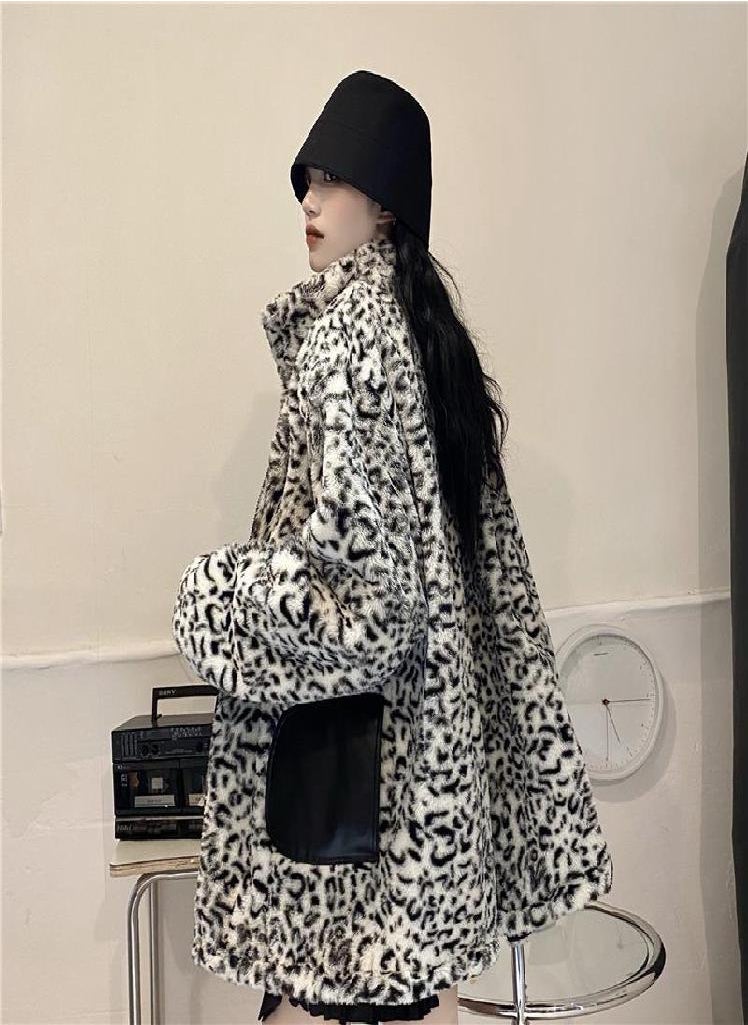 Eckek - Women Faux Leather Jacket PU Leather Coat Women's Winter Motorcycle Clothing Leopard Print Cotton-Padded Jacket - Image 1