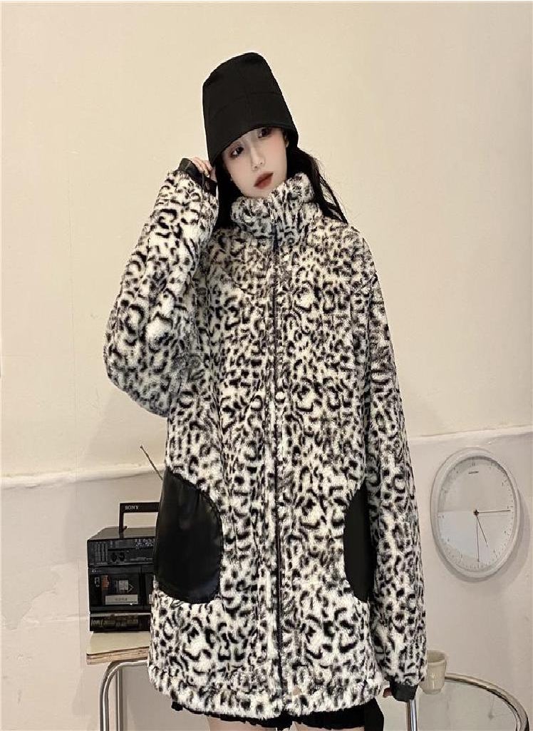 Eckek - Women Faux Leather Jacket PU Leather Coat Women's Winter Motorcycle Clothing Leopard Print Cotton-Padded Jacket - Image 1