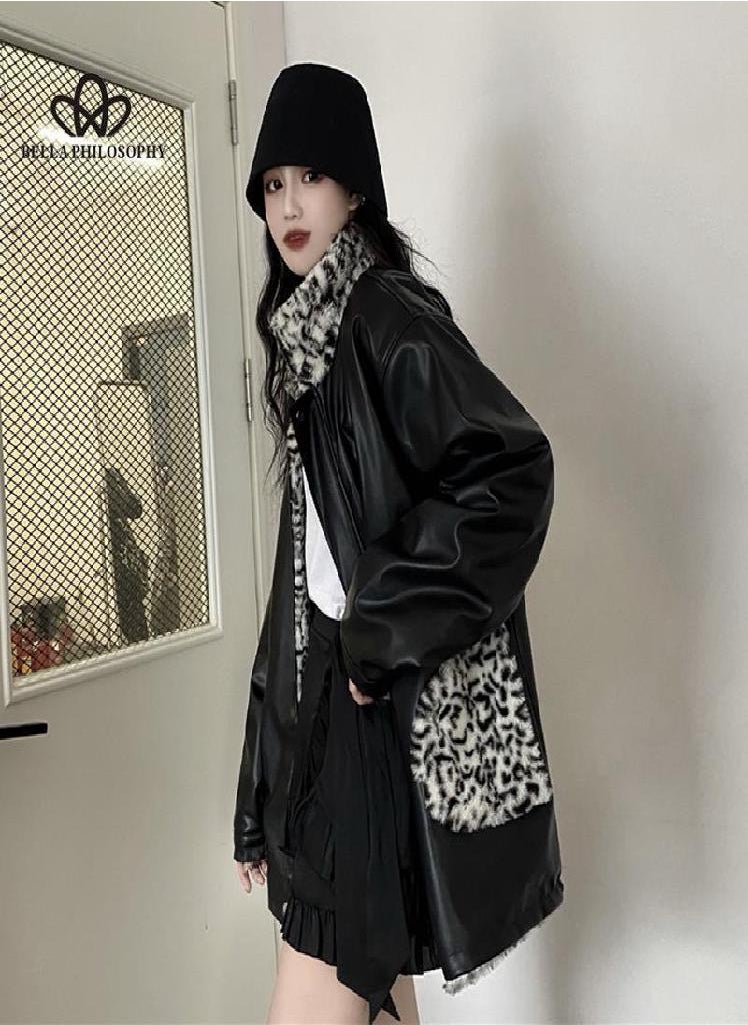 Eckek - Women Faux Leather Jacket PU Leather Coat Women's Winter Motorcycle Clothing Leopard Print Cotton-Padded Jacket - Image 1