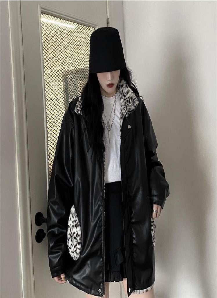 Eckek - Women Faux Leather Jacket PU Leather Coat Women's Winter Motorcycle Clothing Leopard Print Cotton-Padded Jacket - Image 1