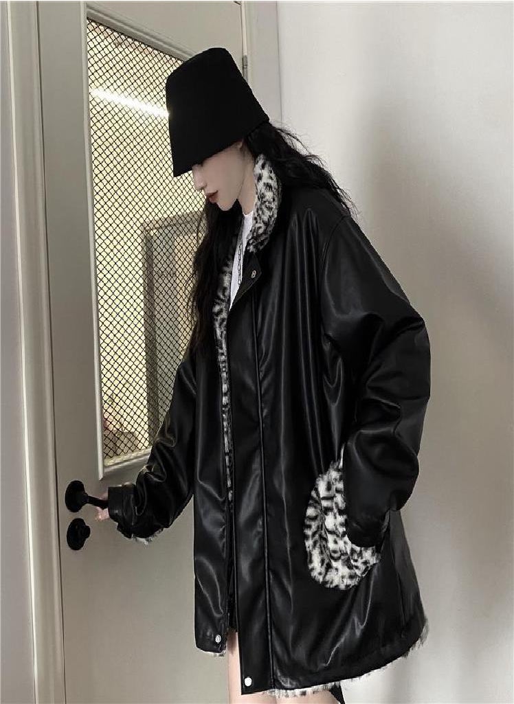 Eckek - Women Faux Leather Jacket PU Leather Coat Women's Winter Motorcycle Clothing Leopard Print Cotton-Padded Jacket - Image 1