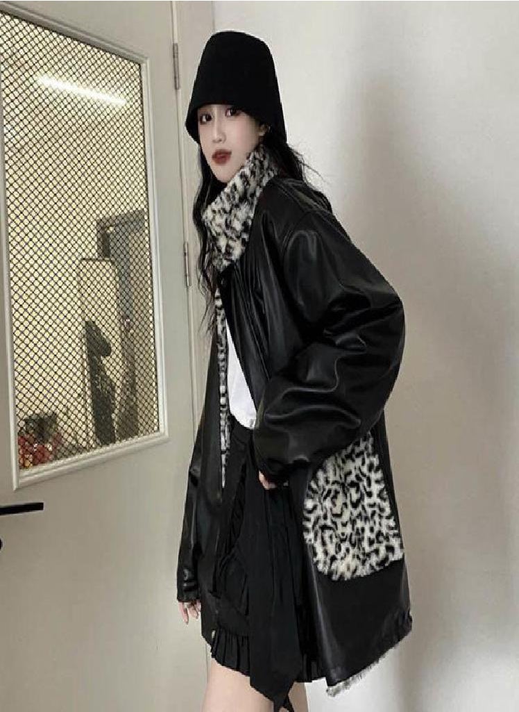 Eckek - Women Faux Leather Jacket PU Leather Coat Women's Winter Motorcycle Clothing Leopard Print Cotton-Padded Jacket - Image 1
