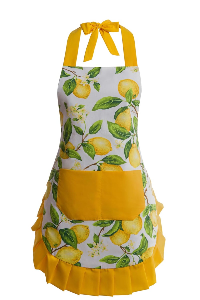 Alex Virtue Vintage Floral Apron for Women with Functional Pockets Adjustable Neck Strap for Cooking Baking Mothers Gift Lemon