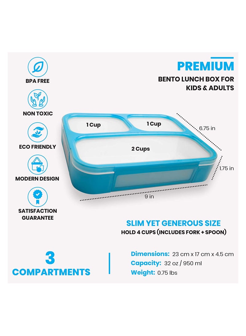 Yooee Bento Lunch Box with Cutlery and 3 Compartments, Suitable for Microwave and Dishwasher, Blue 800ml - Image 2