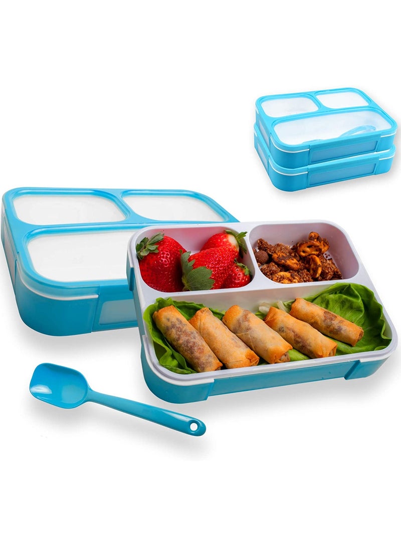 Yooee Bento Lunch Box with Cutlery and 3 Compartments, Suitable for Microwave and Dishwasher, Blue 800ml - Image 1