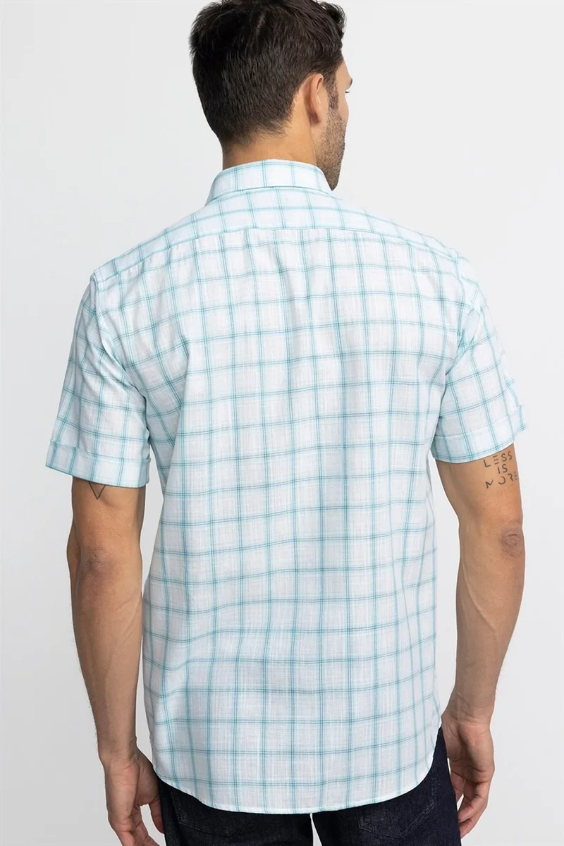 تودورس Tudors Classic Fit Short Sleeve Checked Linen Men's White Shirt